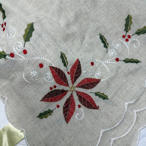 Lenox Tablecloth Christmas Poinsettia Linen Blend Rectangle ~80x57 Scallop Edge - Picture 1 of 7